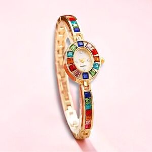 Multicolor Crystal Bezel Small Oval Gold Plated Stainless Steel Quartz Watch